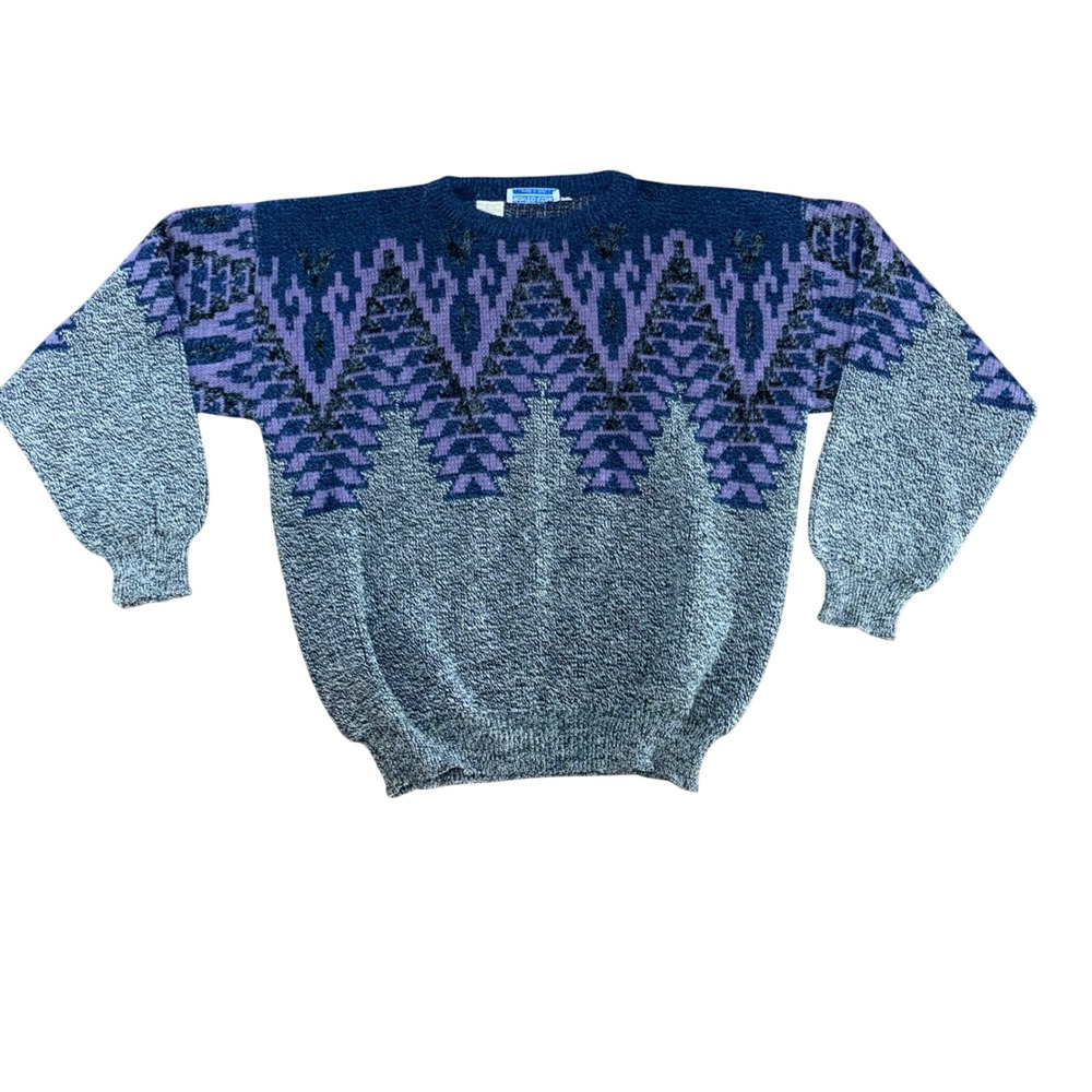 80s Pronto Uomo Italian Wool Geometric Knit Sweater Mens M Gray Eclectic Vintage